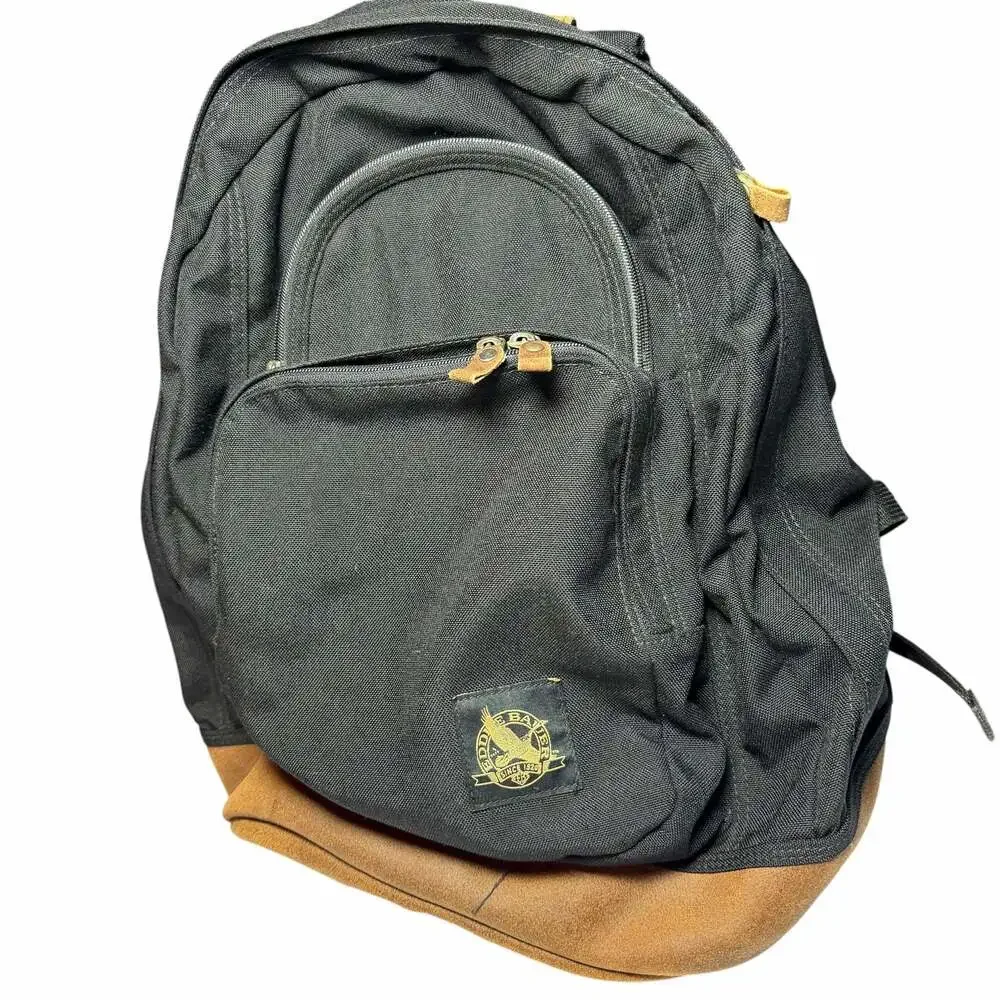 Vintage 90s Eddie Bauer Black Canvas Backpack with Suede Leather Bottom